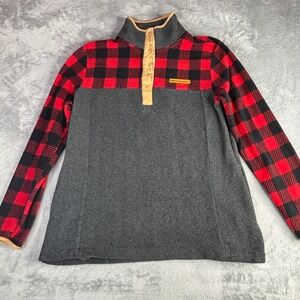 Simply Southern Fleece Pullover Women Medium Red Black‎ Buffalo Plaid Snap Neck